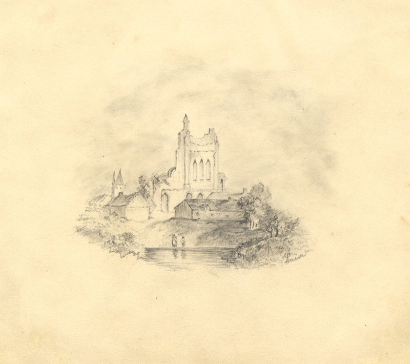 Louisa, Abbey Ruin with Figures – Original mid-19th-century graphite drawing