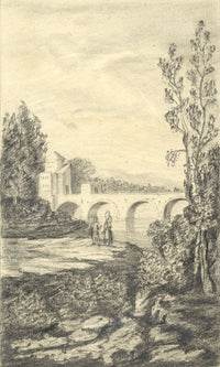 L.P., Italian Campagna Bridge with Figures – mid-19th-century graphite drawing