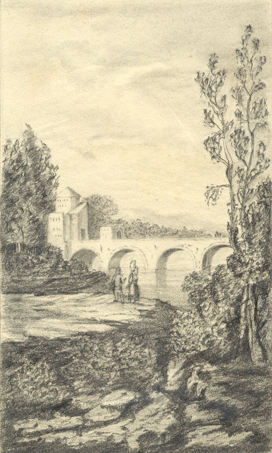 L.P., Italian Campagna Bridge with Figures – mid-19th-century graphite drawing