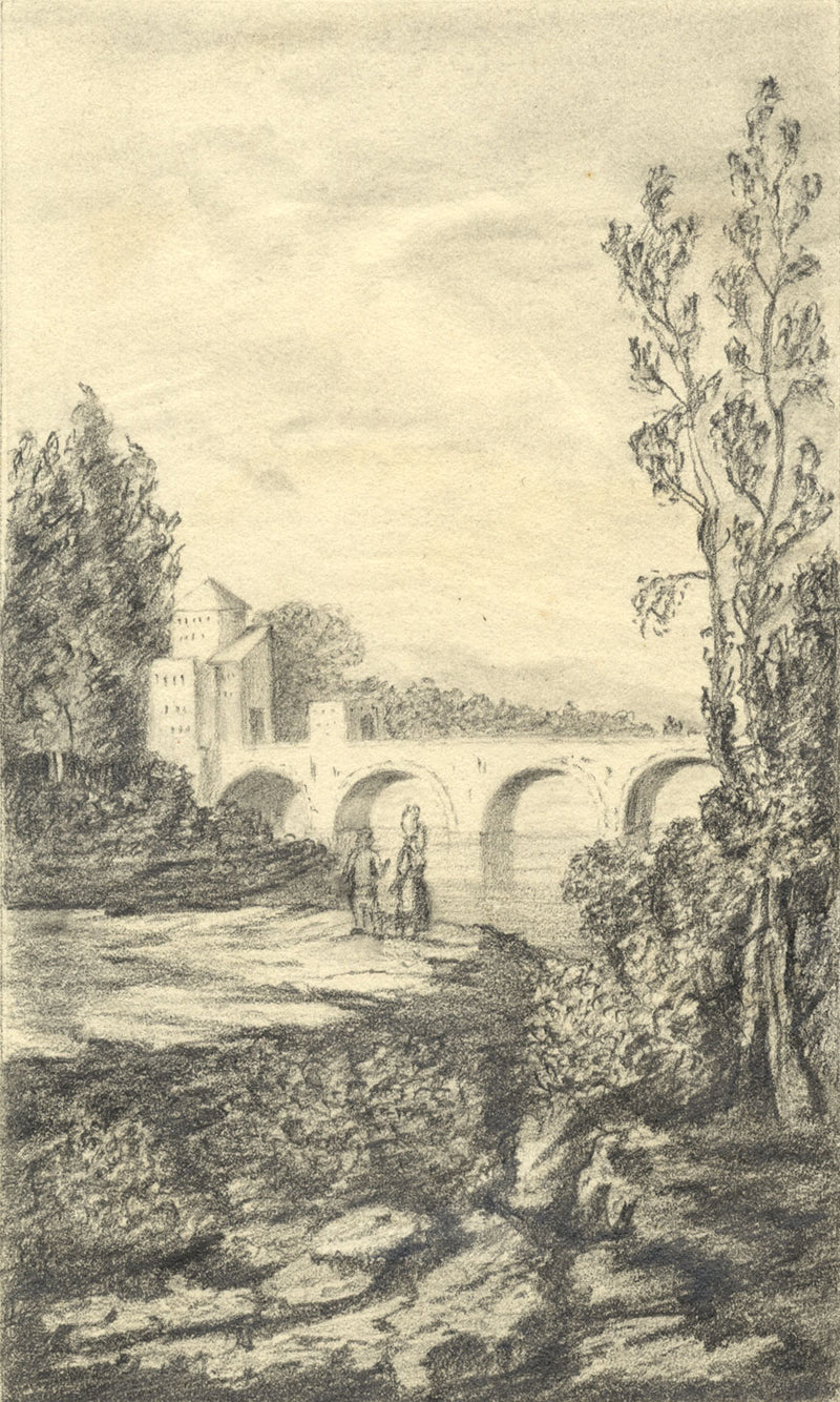 L.P., Italian Campagna Bridge with Figures – mid-19th-century graphite drawing