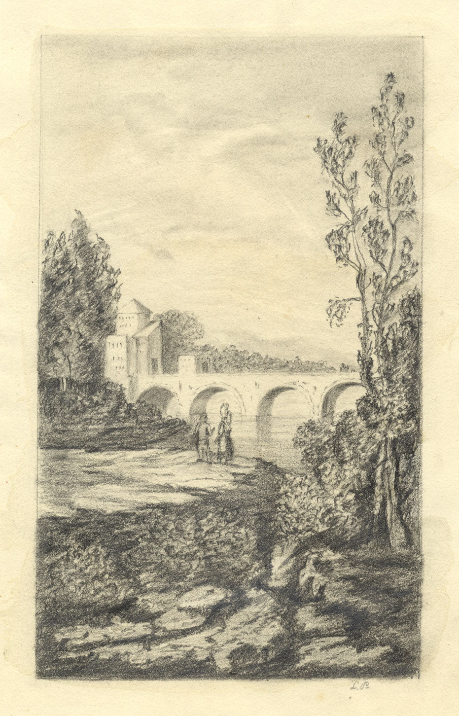 LP, Puente de Campagna italiano con figuras – dibujo a grafito de mediados del siglo XIX
