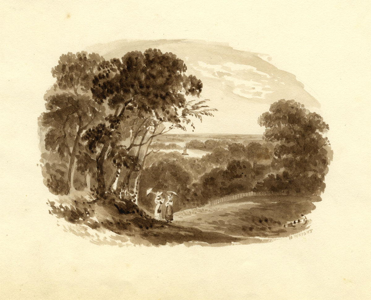 H. Wright, Sepia Landscape with Two Ladies – mid-19th-century watercolour