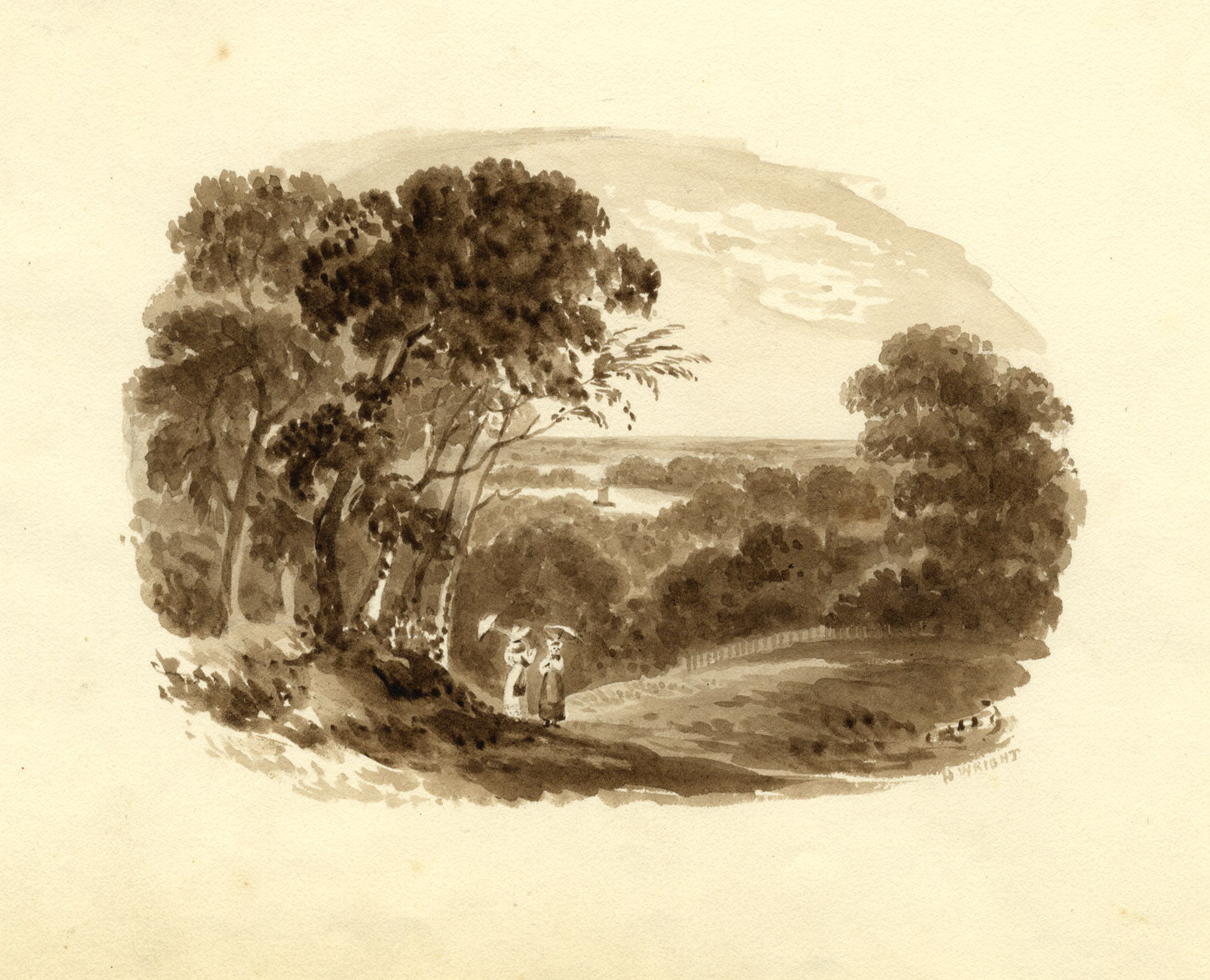H. Wright, Sepia Landscape with Two Ladies – mid-19th-century watercolour