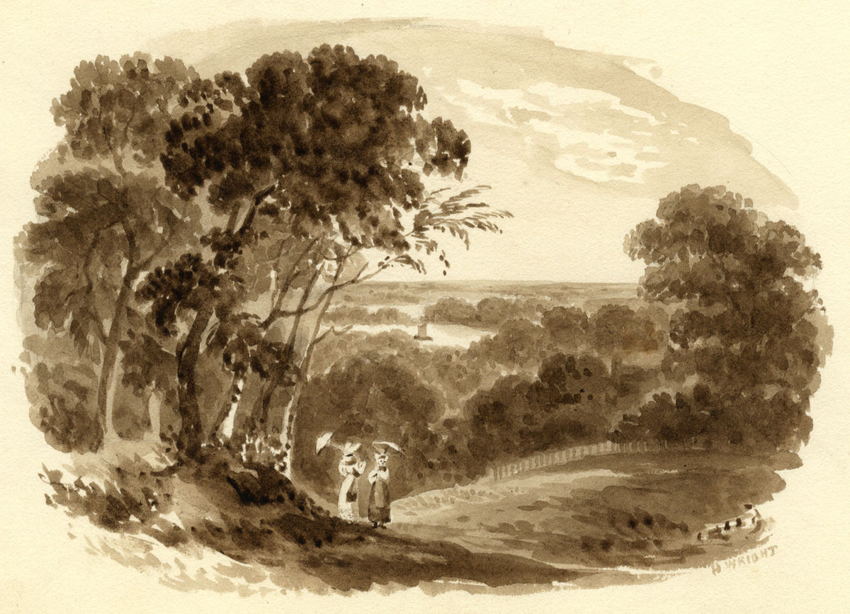 H. Wright, Paisaje sepia con dos damas – acuarela de mediados del siglo XIX