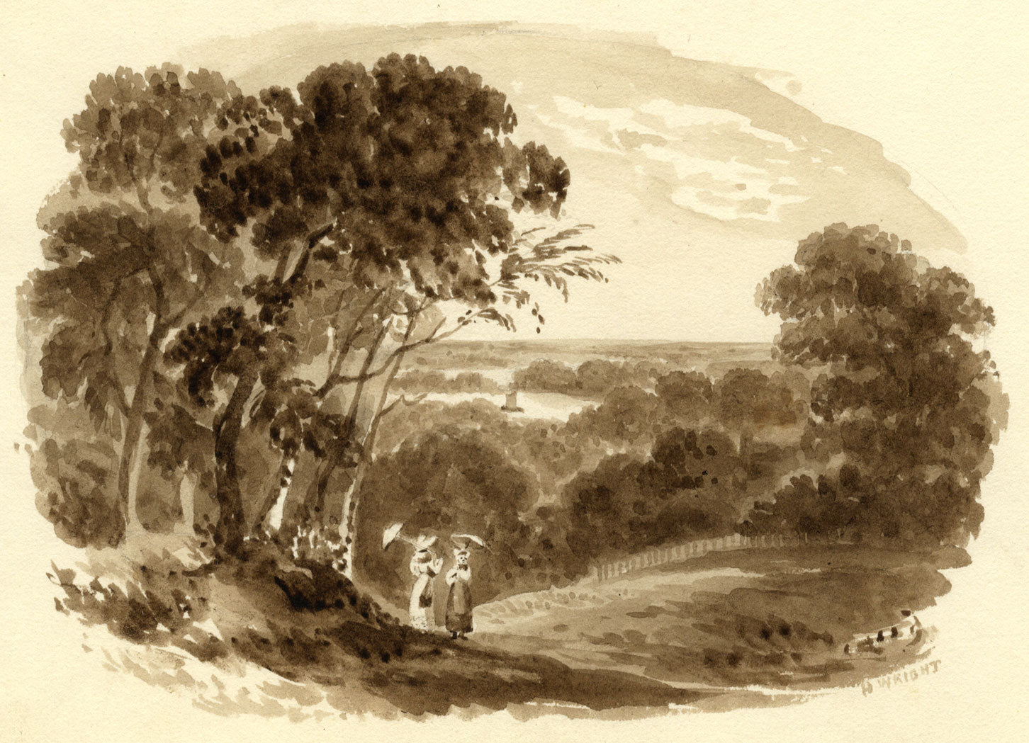 H. Wright, Paisaje sepia con dos damas – acuarela de mediados del siglo XIX