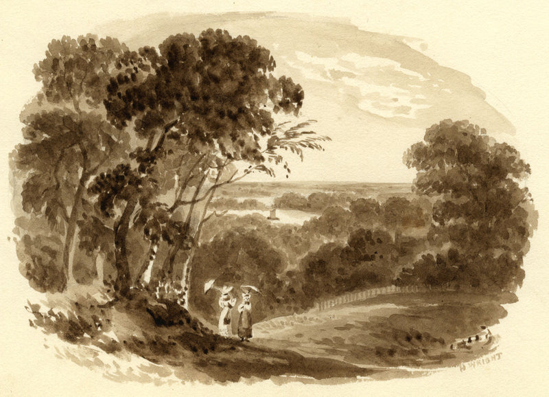 H. Wright, Paisaje sepia con dos damas – acuarela de mediados del siglo XIX