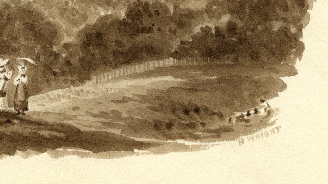 H. Wright, Paisaje sepia con dos damas – acuarela de mediados del siglo XIX