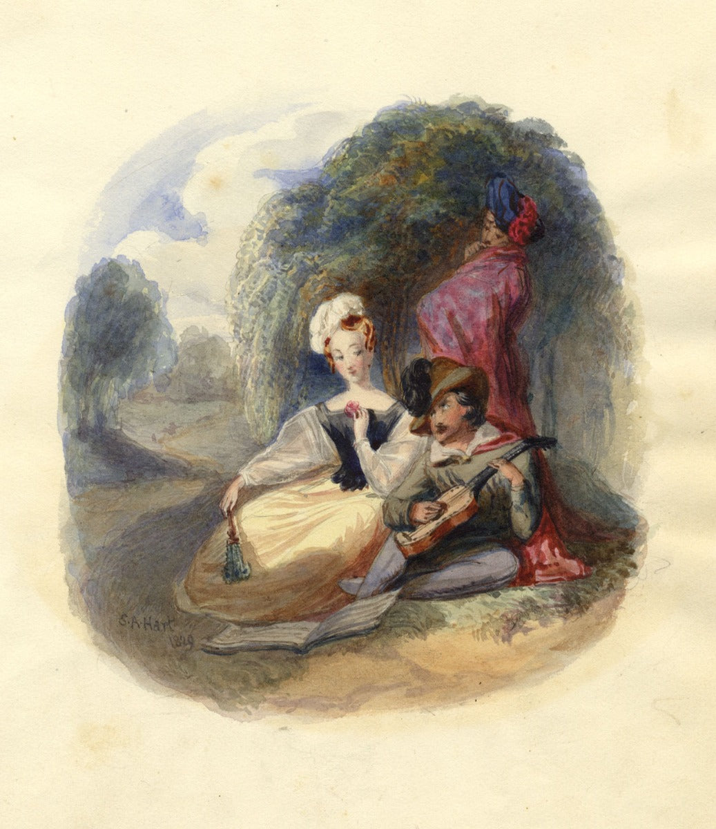 Attrib. Solomon Alexander Hart, Troubadour Gypsy with Lady – 1829 watercolour