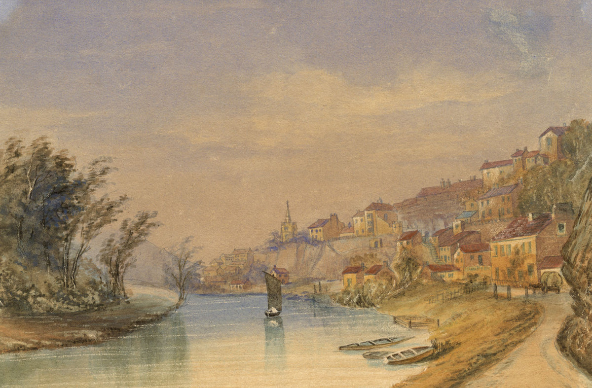 Riverside Town View – Original mid-19th-century watercolour painting
