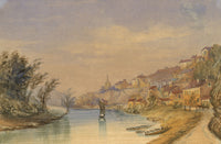 Riverside Town View – Original mid-19th-century watercolour painting