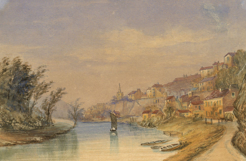 Riverside Town View – Original mid-19th-century watercolour painting