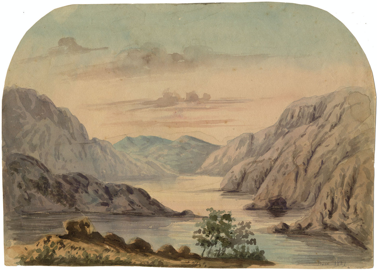 Mountain Lake Landscape – Original 1851 watercolour painting