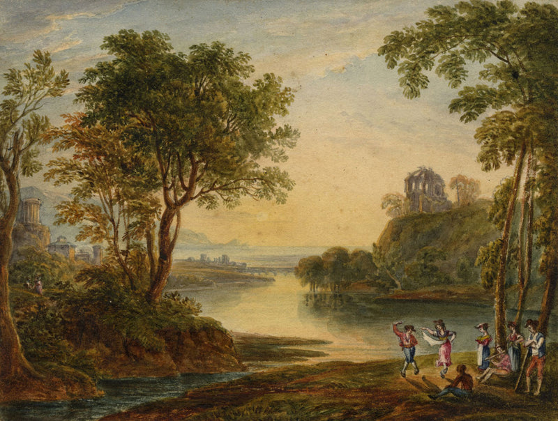 William Henry Harriott, Claudian Landscape with Dancers –Early C19th watercolour
