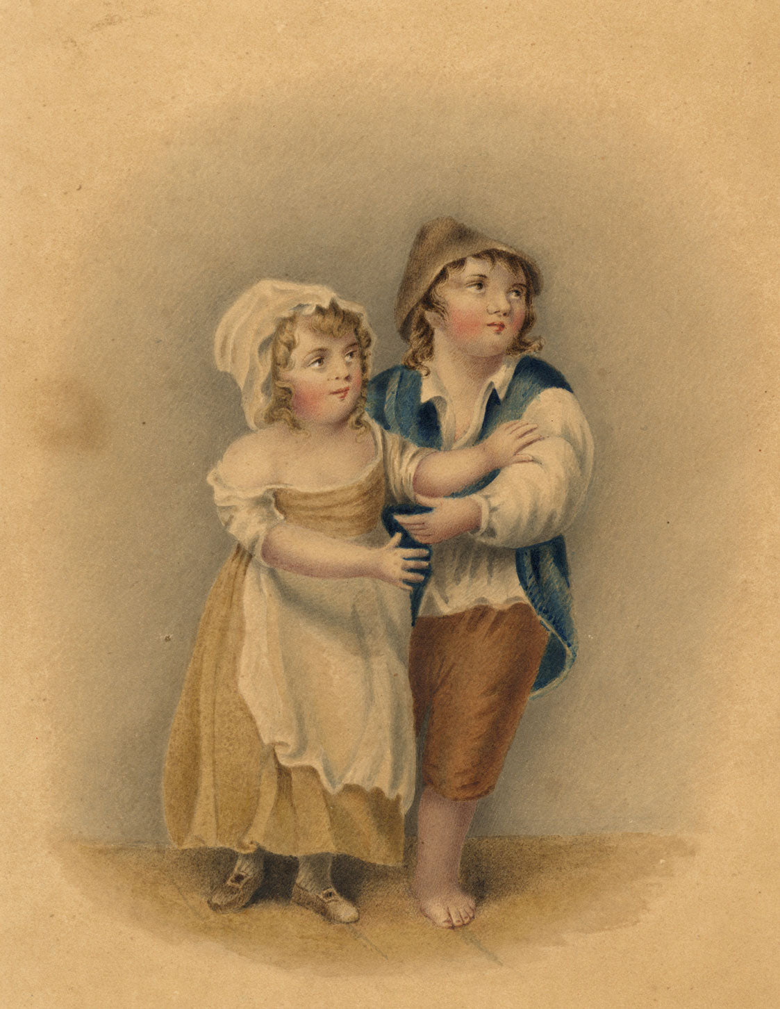 Peasant Children – Original mid-19th-century watercolour painting