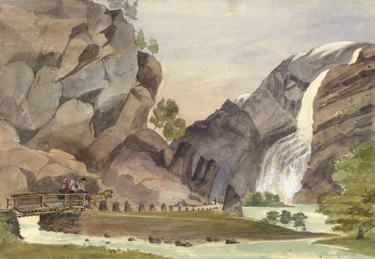 Horse & Cart, Vidfoss Waterfall, Hildal, Norway – 19th-century watercolour