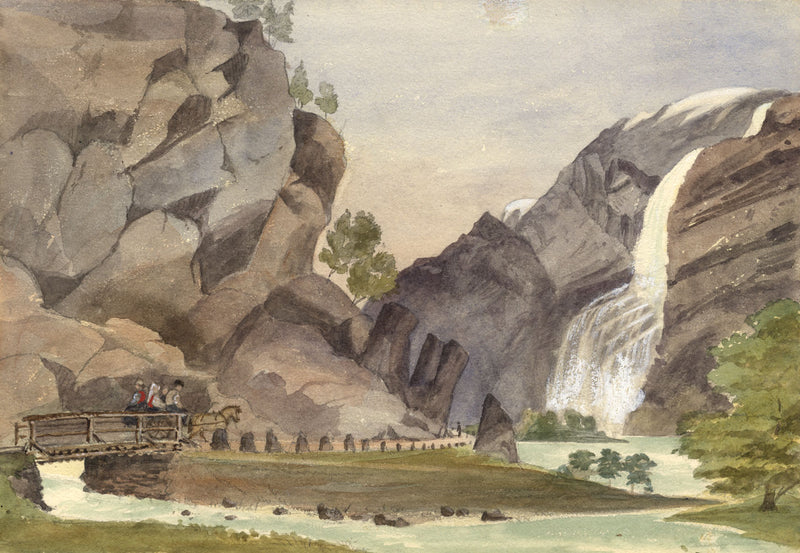 Horse & Cart, Vidfoss Waterfall, Hildal, Norway – 19th-century watercolour