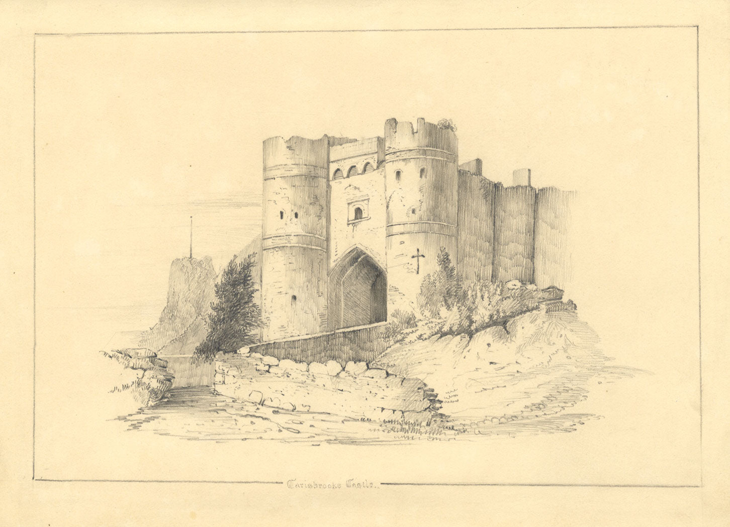 Castillo de Carisbrooke, Isla de Wight – Dibujo original en grafito del siglo XIX