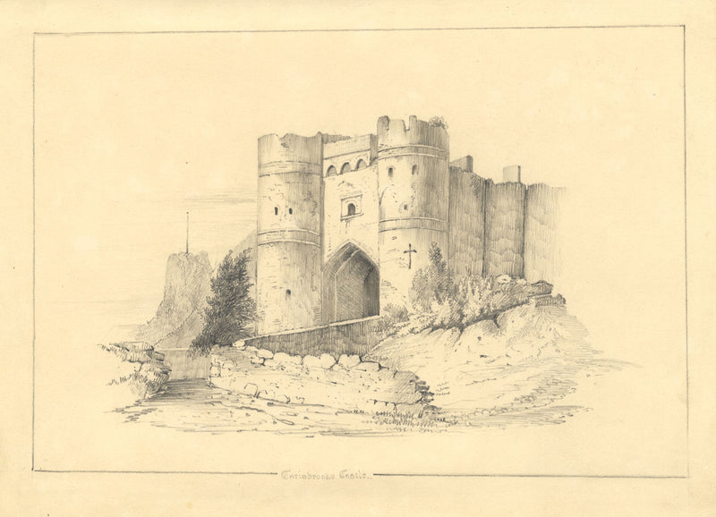 Castillo de Carisbrooke, Isla de Wight – Dibujo original en grafito del siglo XIX