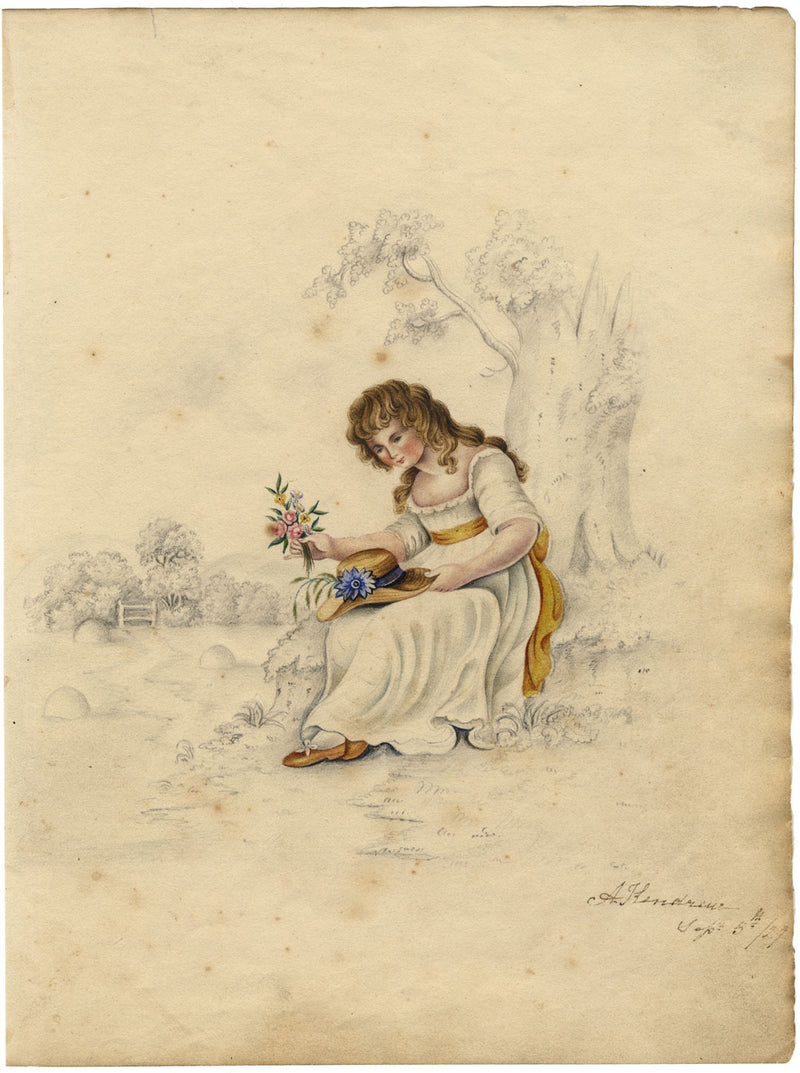 A. Kendrew, Resting Girl with Wildflower Posy – 1827 watercolour painting