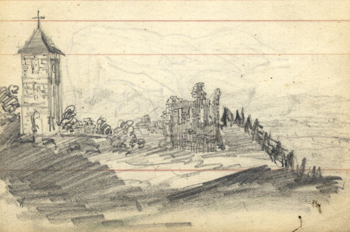 Church Tower & Ruin – Original 19th-century graphite drawing