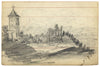 Torre della chiesa e rovina – Disegno originale a grafite del XIX secolo