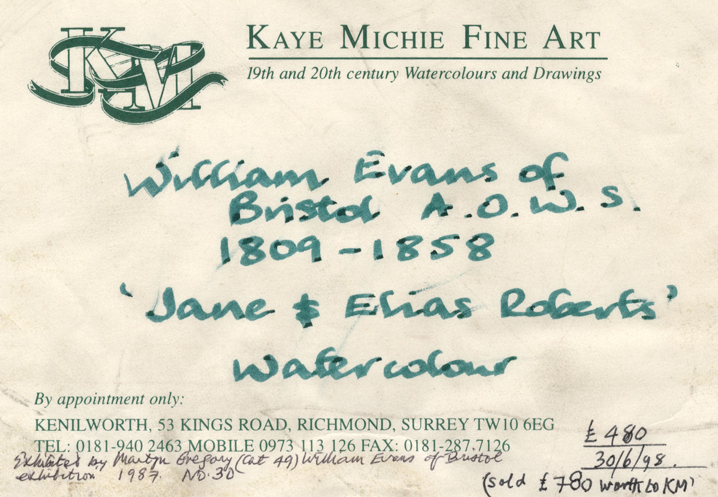 William Evans of Bristol AOWS, Jane & Elias Roberts – Mid-C19th watercolour