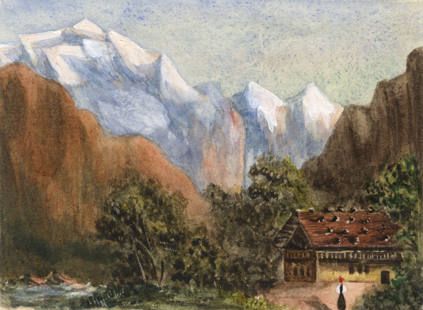 Alpine Landscape with Chalet & Figure – mid-19th-century watercolour painting