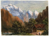 Paisaje alpino con chalet y figura: acuarela de mediados del siglo XIX