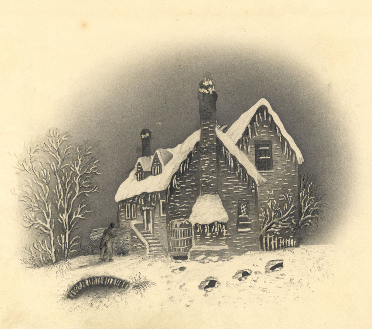 Snowy Cottage at Night – Original mid-19th-century graphite drawing