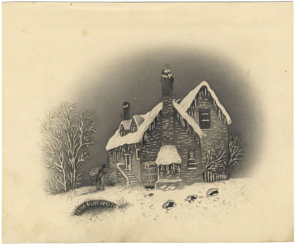 Cottage innevato di notte – Disegno a grafite originale della metà del XIX secolo