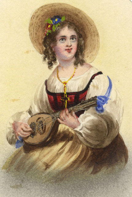 Ritratto in miniatura di una giovane donna che suona il liuto – acquerello della metà del XIX secolo