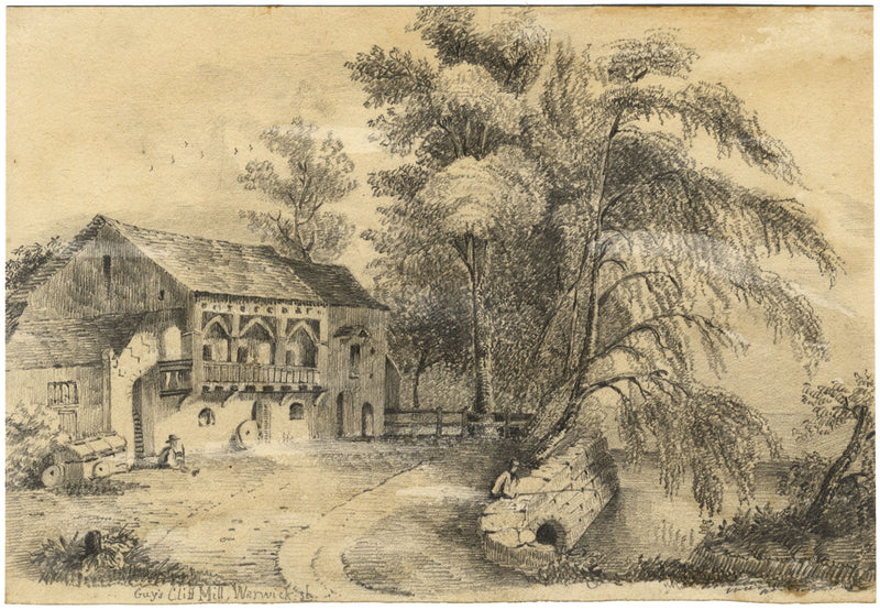 Molino sajón en Guy's Cliffe, Warwickshire: dibujo a grafito de mediados del siglo XIX
