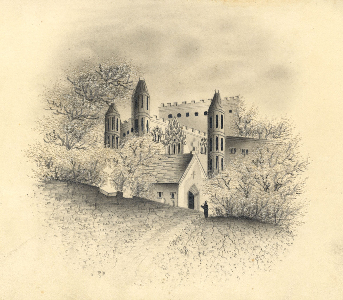 Dunreath Abbey – mid-19th-century graphite drawing with pin-prick technique