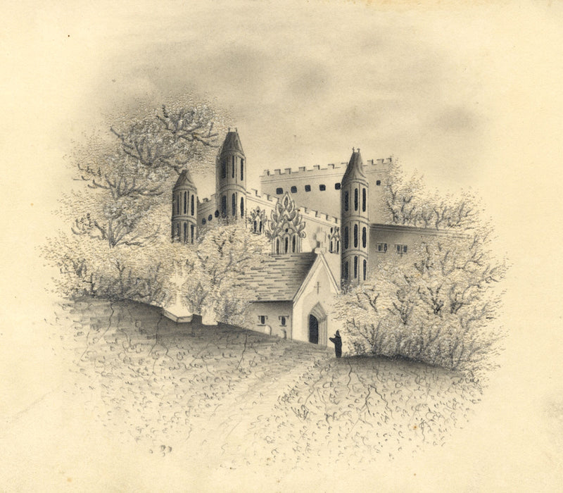Dunreath Abbey – mid-19th-century graphite drawing with pin-prick technique