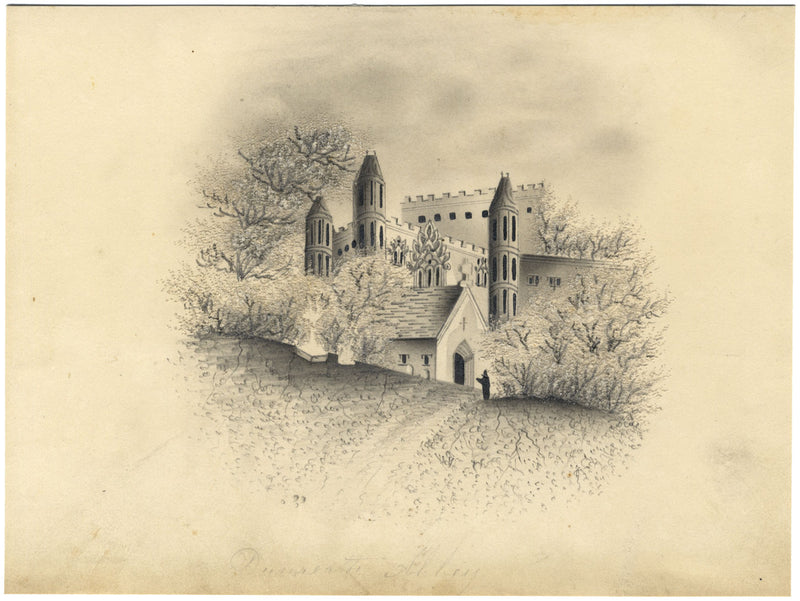 Abbazia di Dunreath – disegno a grafite di metà Ottocento con tecnica a punzone