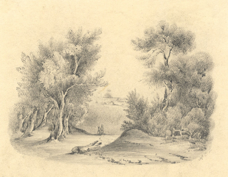 A.C.L., Figures on Wooded Landscape Path – early 19th-century graphite drawing