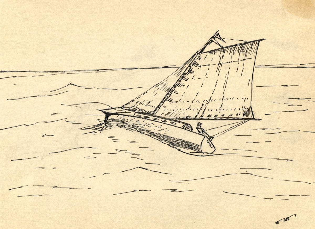 Heeling Sailboat 'Jackie' – Original mid-20th-century pen & ink drawing