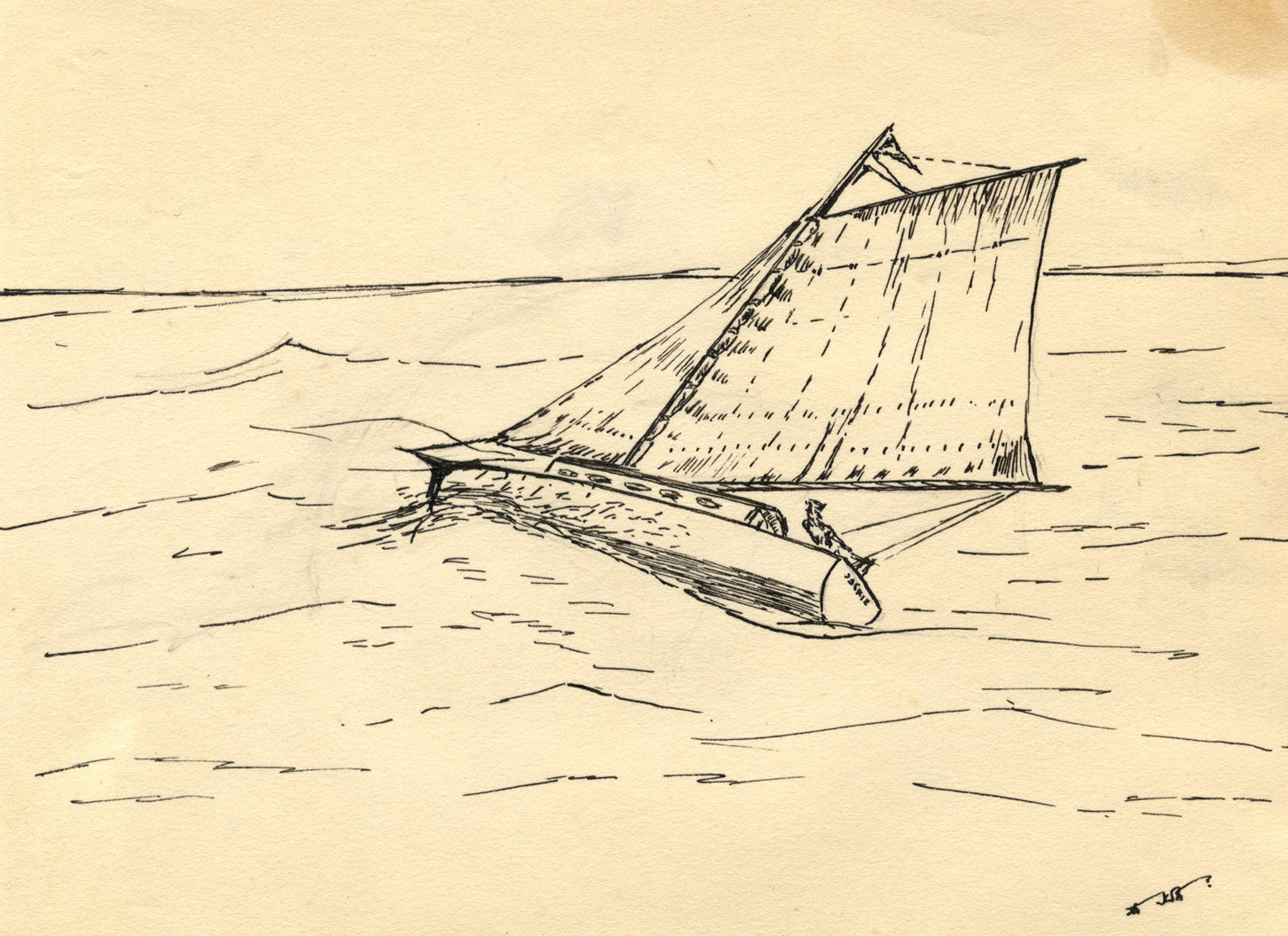 Heeling Sailboat 'Jackie' – Original mid-20th-century pen & ink drawing