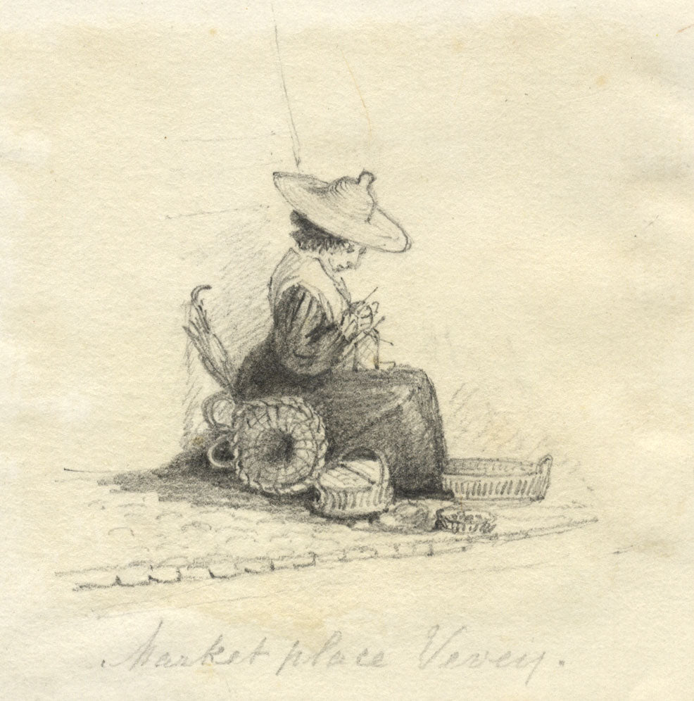 Jane D. Harvey, Craftswoman at Place du Marché, Vevey – 19th-century drawing