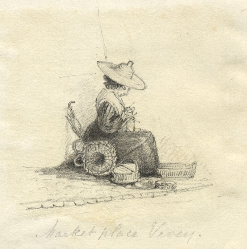 Jane D. Harvey, Craftswoman at Place du Marché, Vevey – 19th-century drawing