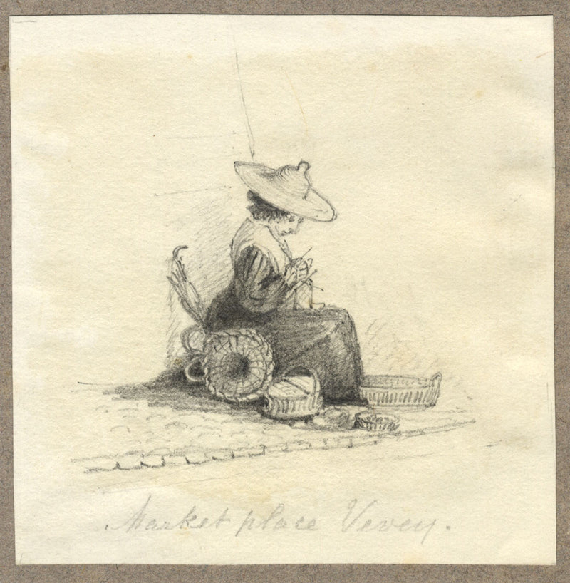 Jane D. Harvey, Craftswoman at Place du Marché, Vevey – 19th-century drawing