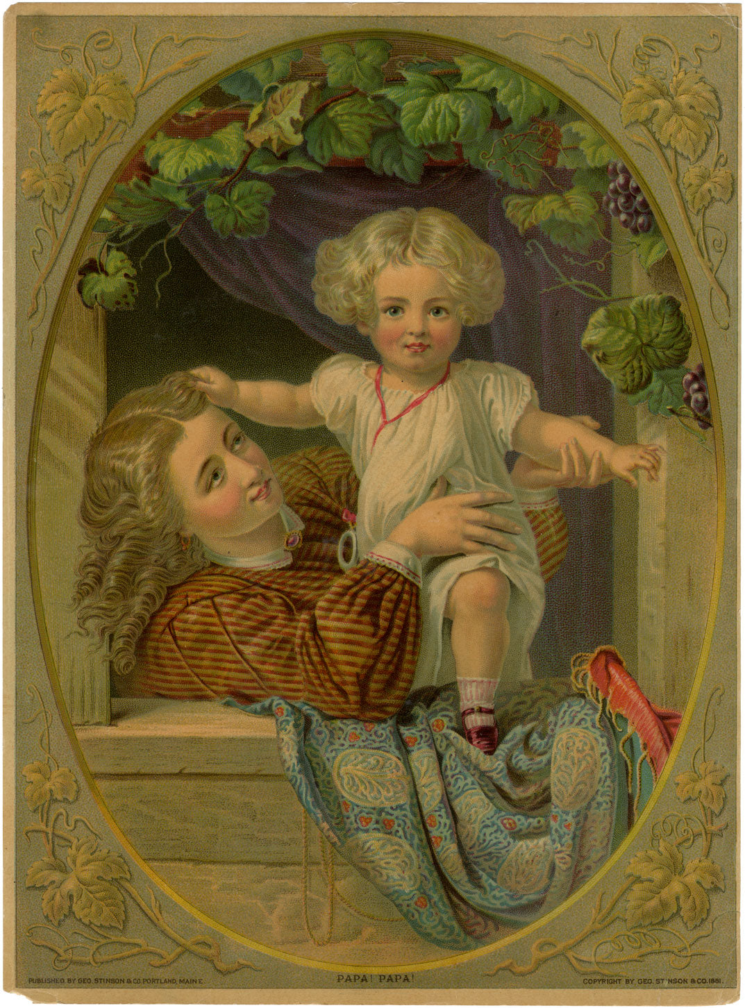 American Chromolithograph Papa! Papa! Child at Window – Original 1881 print