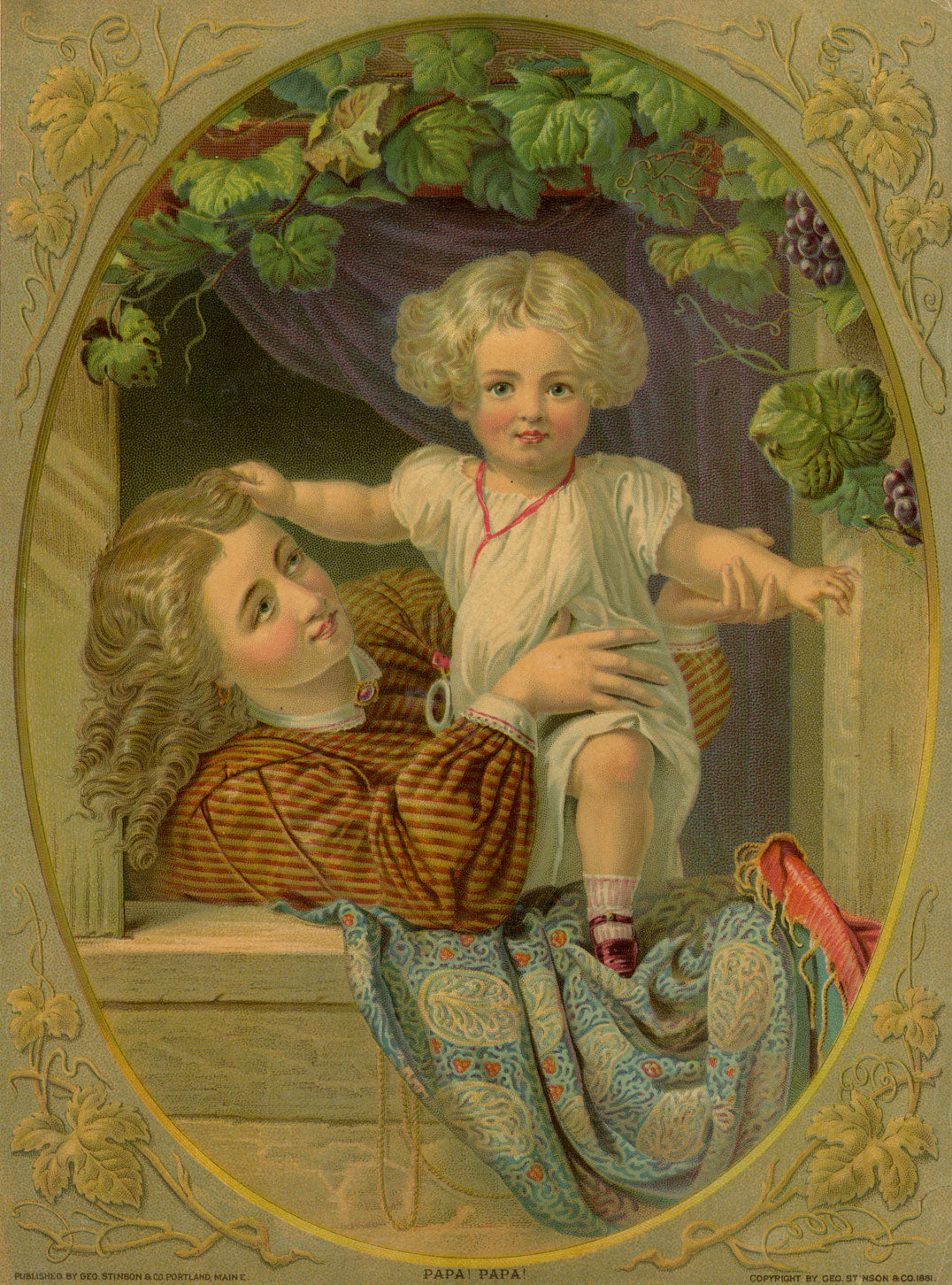 American Chromolithograph Papa! Papa! Child at Window – Original 1881 print