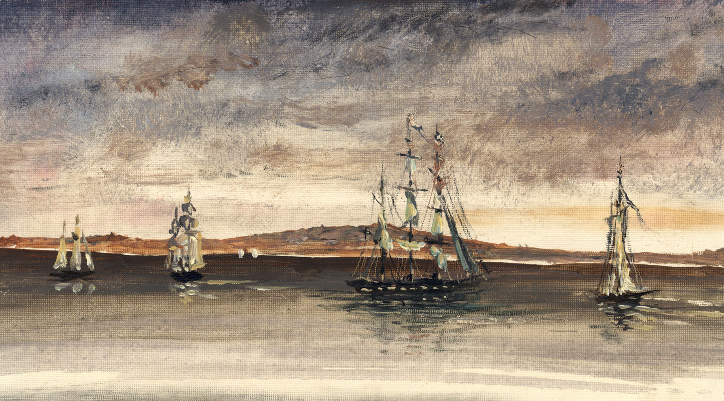 Frigate Sailing Boats on the Water – early 20th-century gouache painting