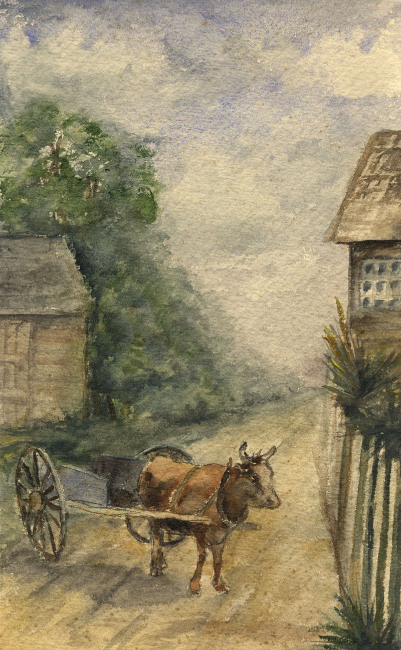 Oxcart in a Country Lane – Original 19th-century watercolour painting