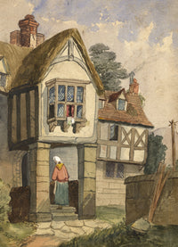 Half-timbered Thatched House with Figure – 19th-century watercolour painting