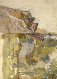 Casa con entramado de madera y techo de paja con figura – Acuarela del siglo XIX