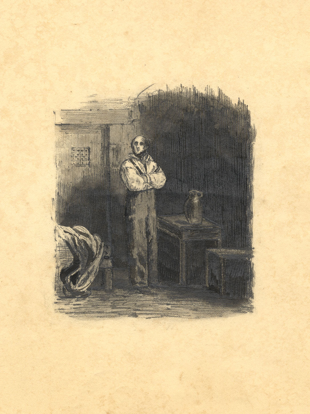 Gentleman in Prison Interior – Original early 19th-century graphite drawing