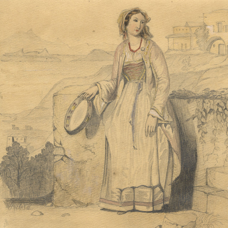 E. Garstin, Lady with Tambourine in Italianate Landscape – 1854 graphite drawing
