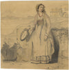 E. Garstin, Lady with Tambourine in Italianate Landscape – 1854 graphite drawing